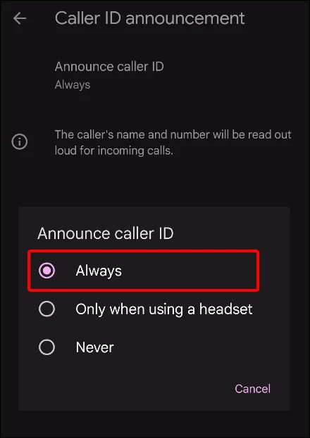 android announce caller id always