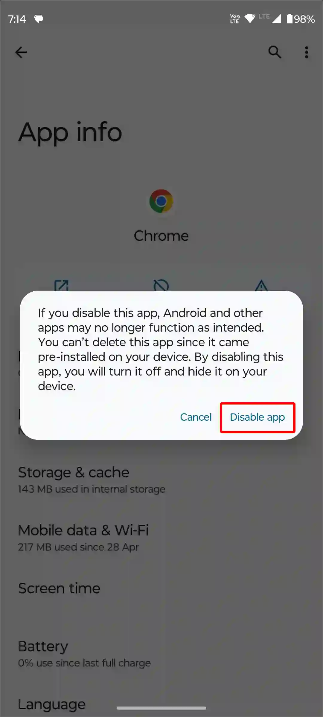 android chrome app disable