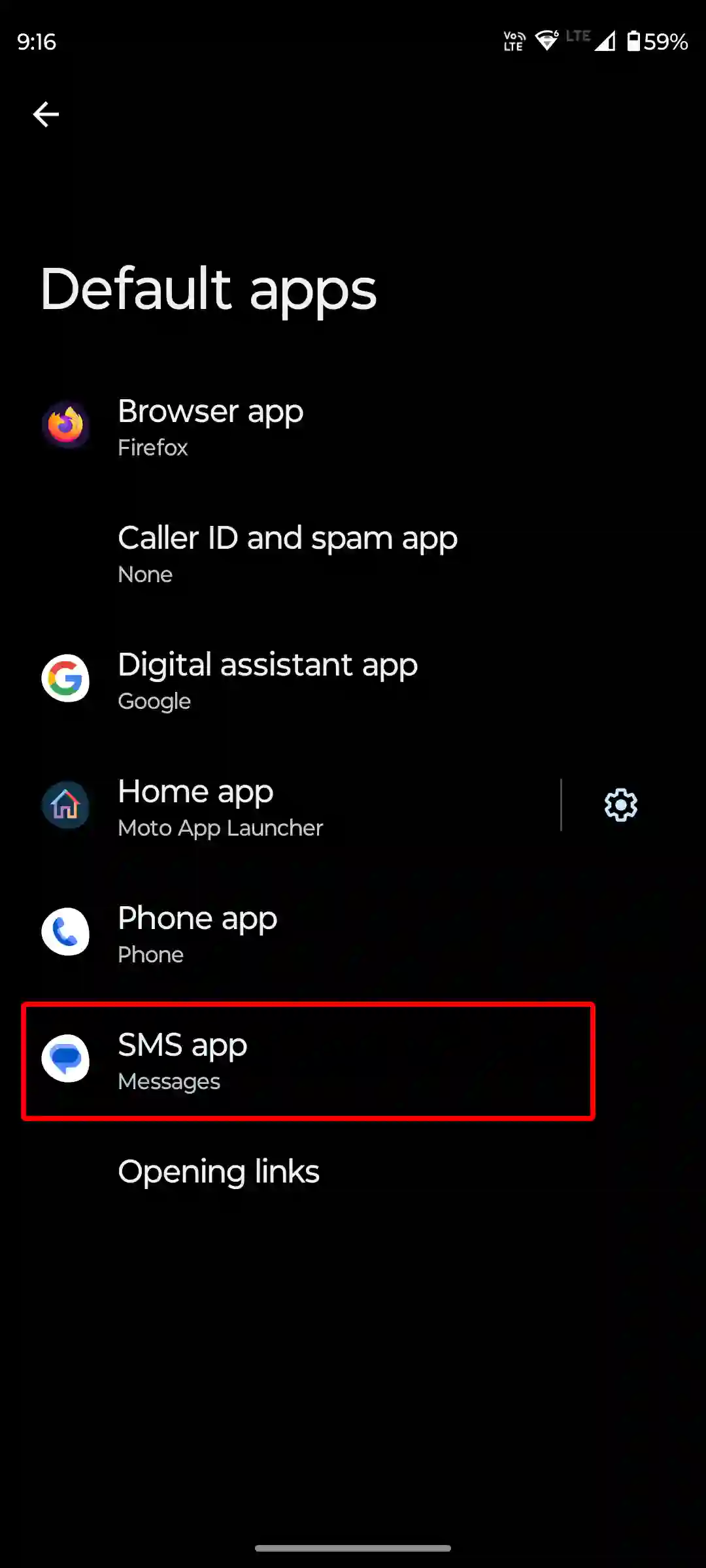 android default sms app settings