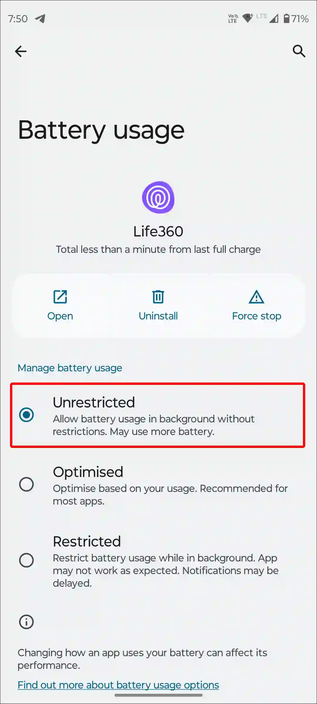 android life360 app battery optimization disable