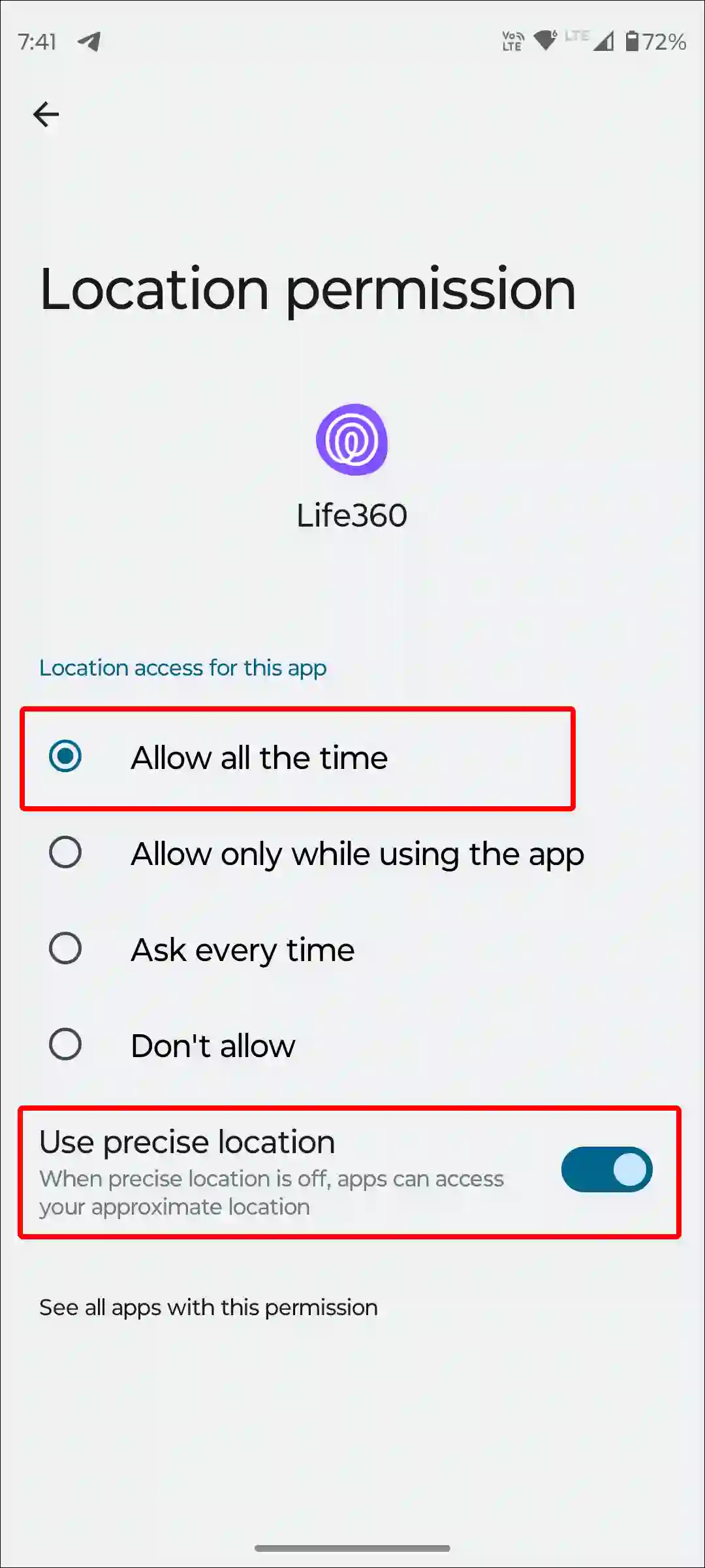 android life360 app location permissions allow