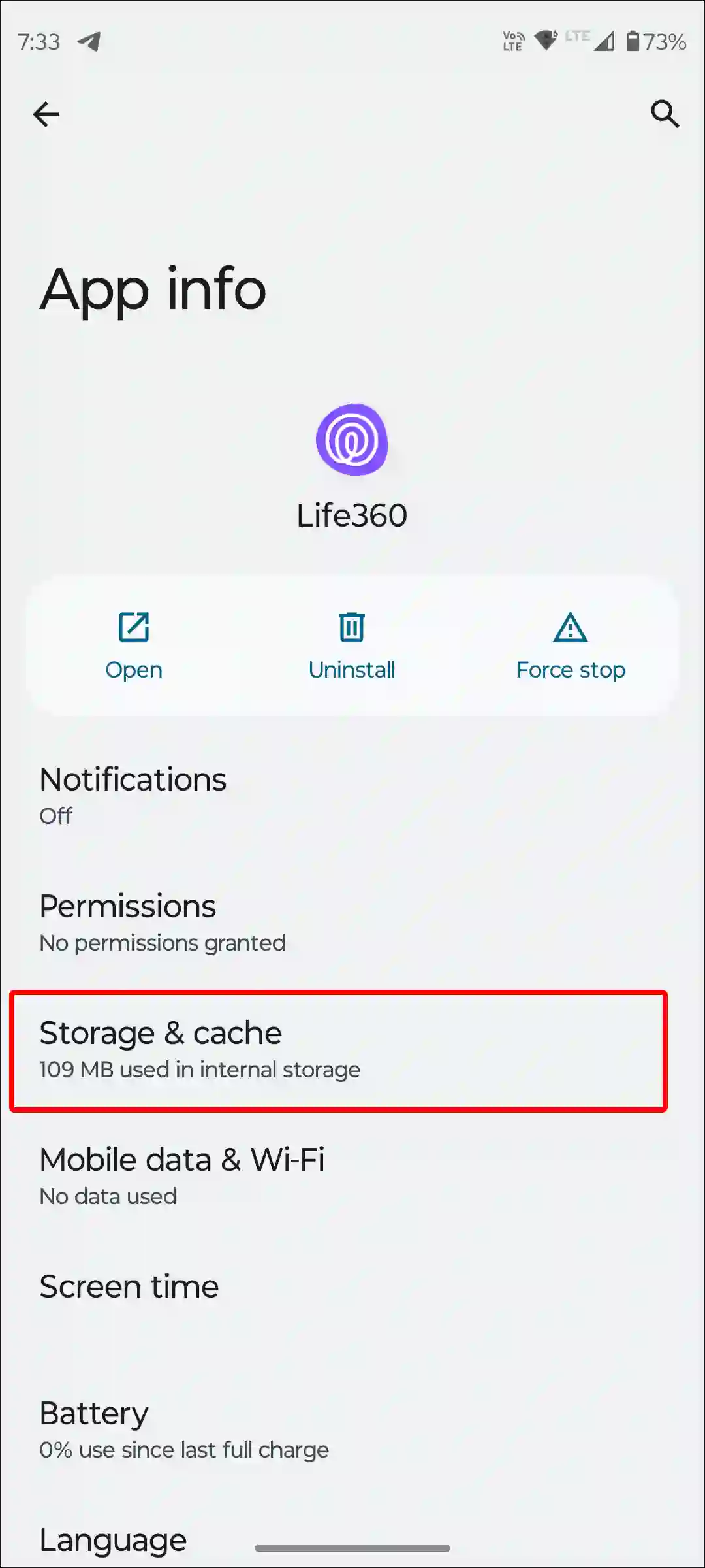 android life360 app storage and cache