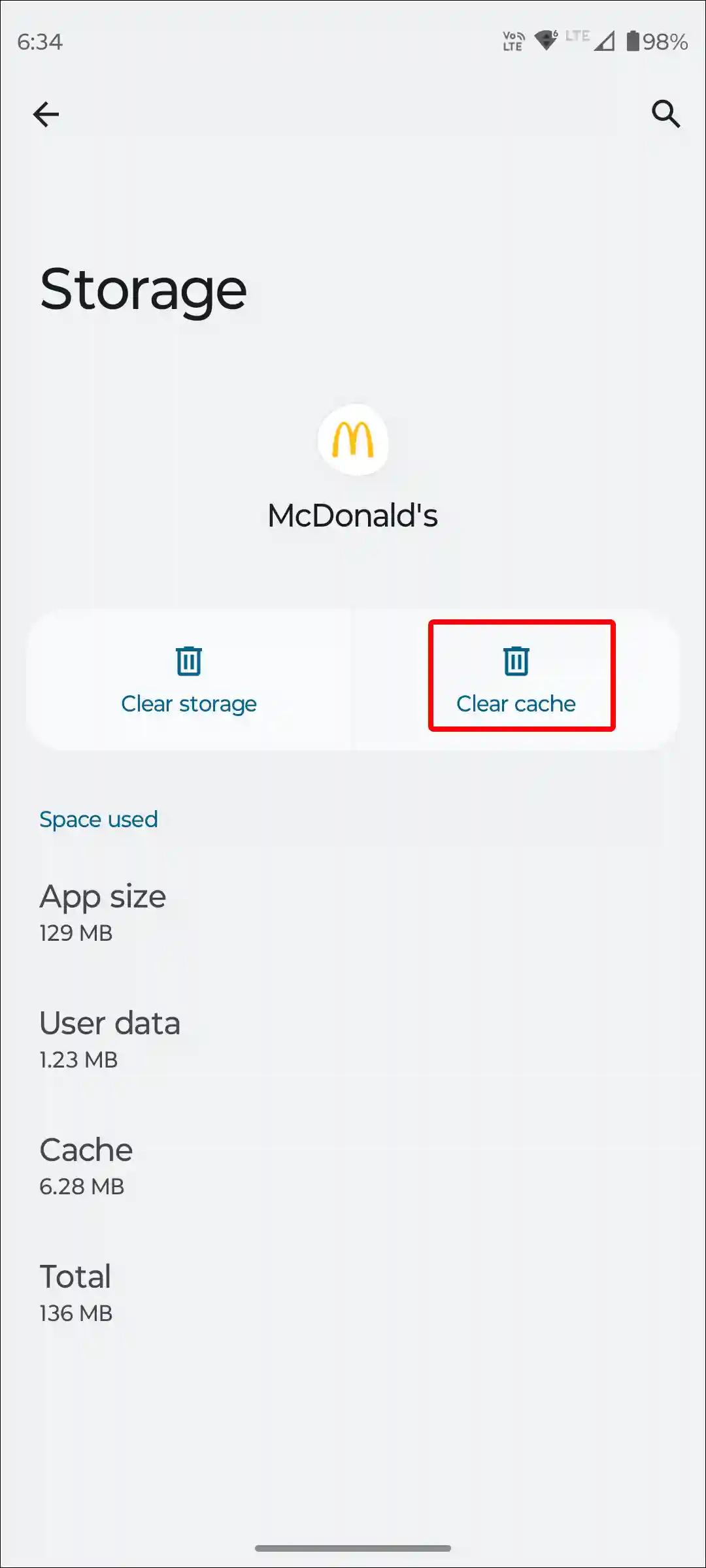 android mcdonald's app clear cache