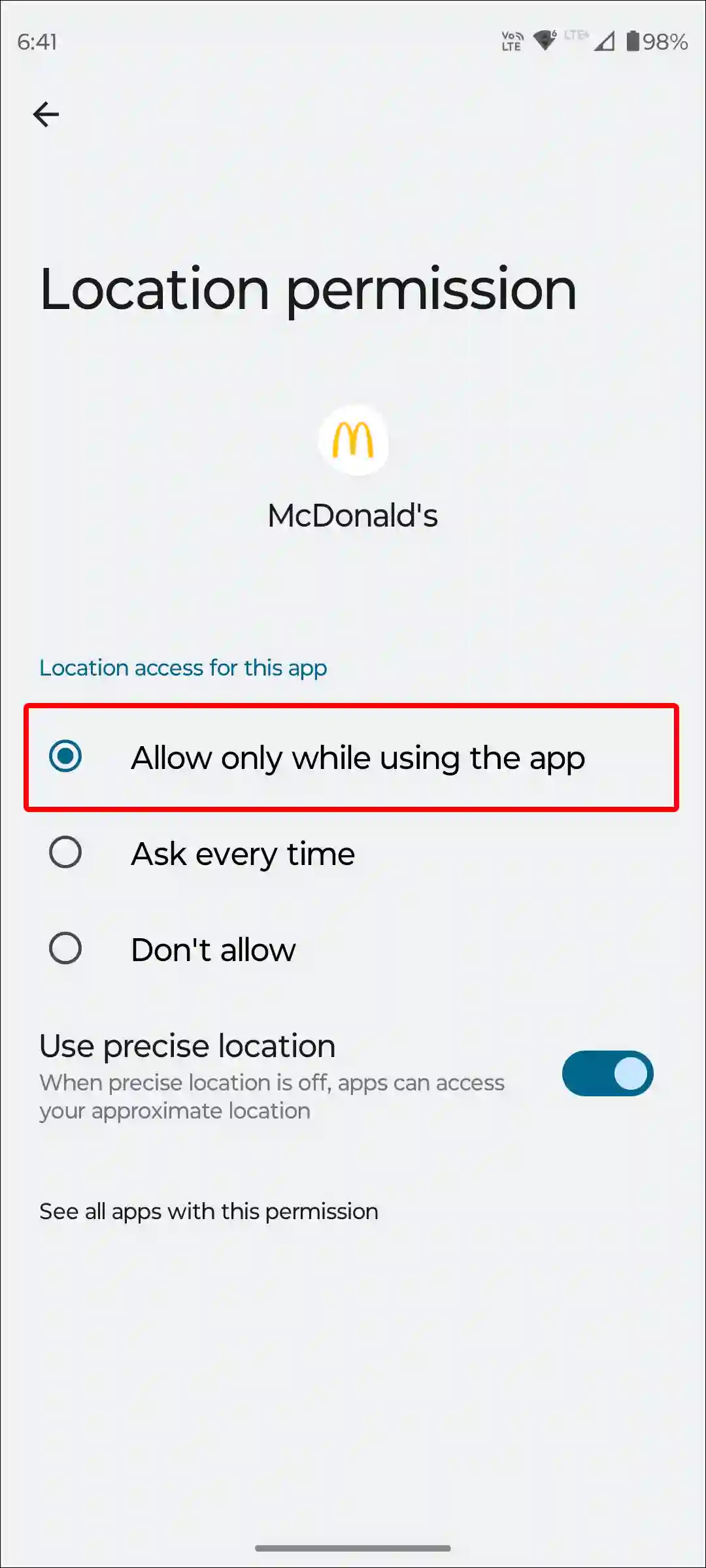 android mcdonald's app location permission enable