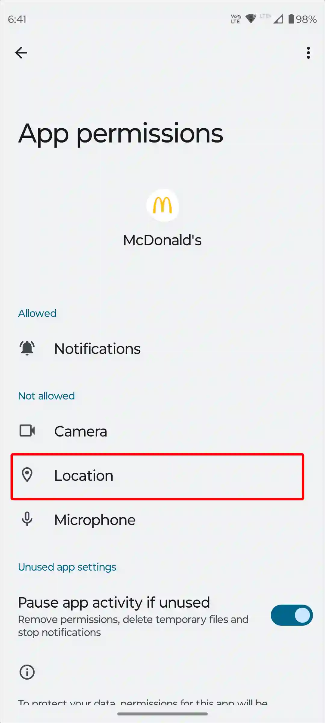 android mcdonald's app location permission