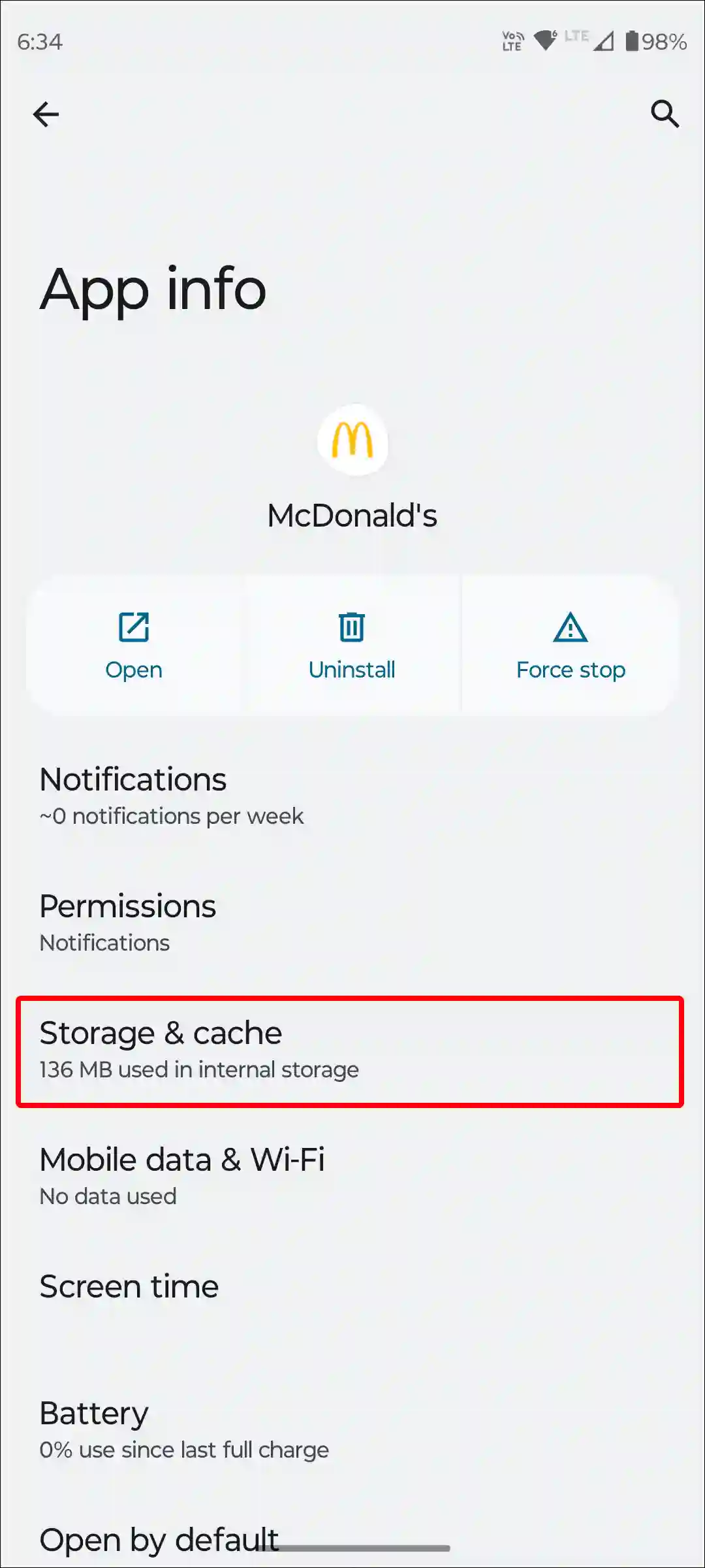 android mcdonald's app storage and cache