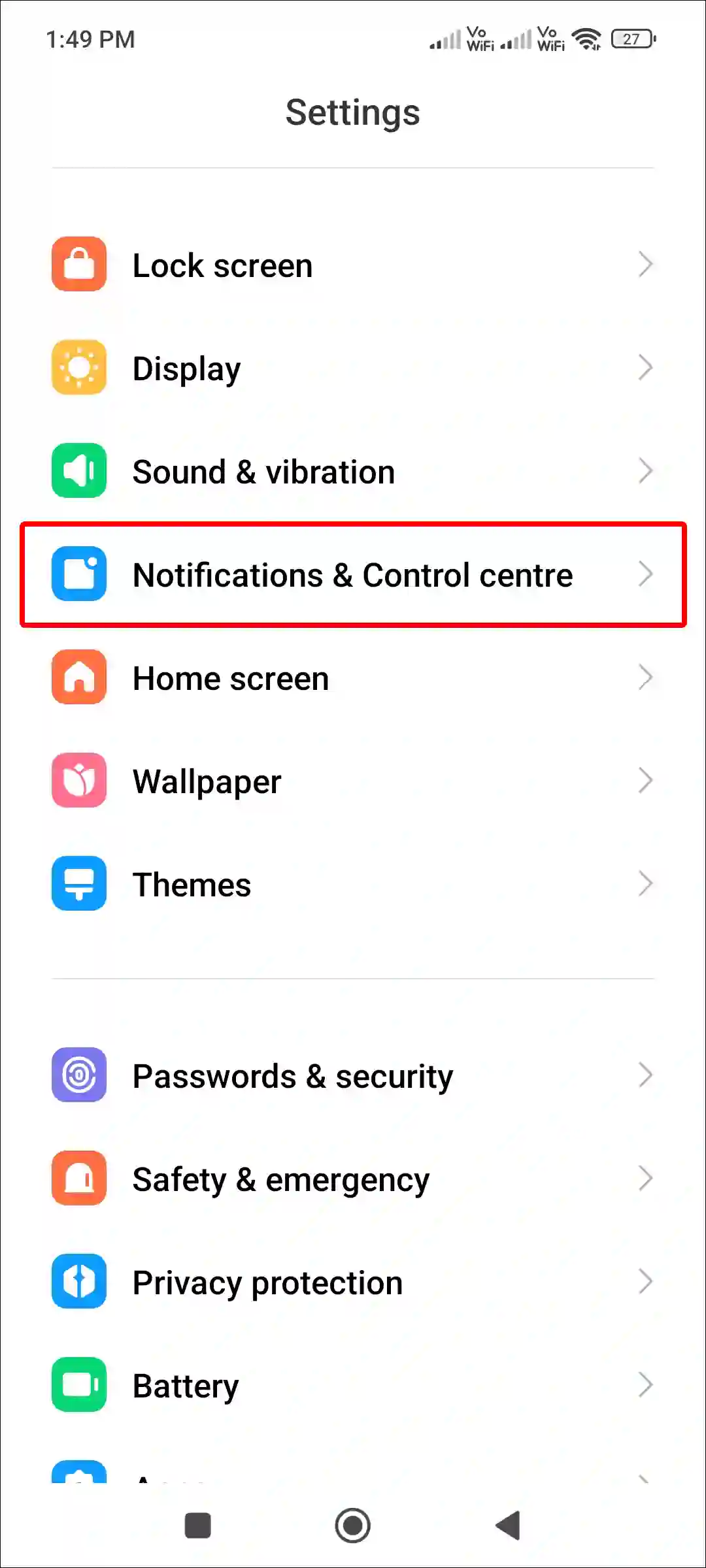 android notifications and control centre