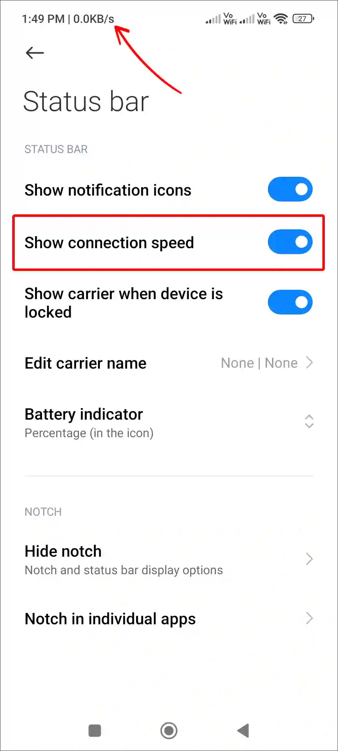 android show internet connection speed