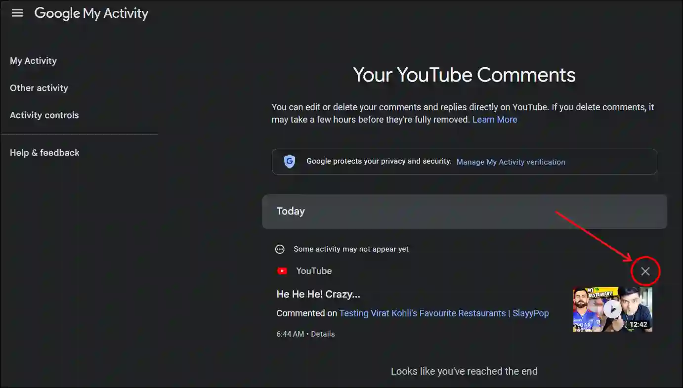 delete youtube web comment history