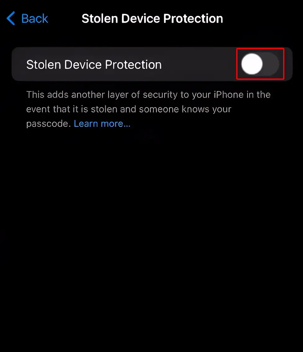 Disable Stolen device protection on iPhone