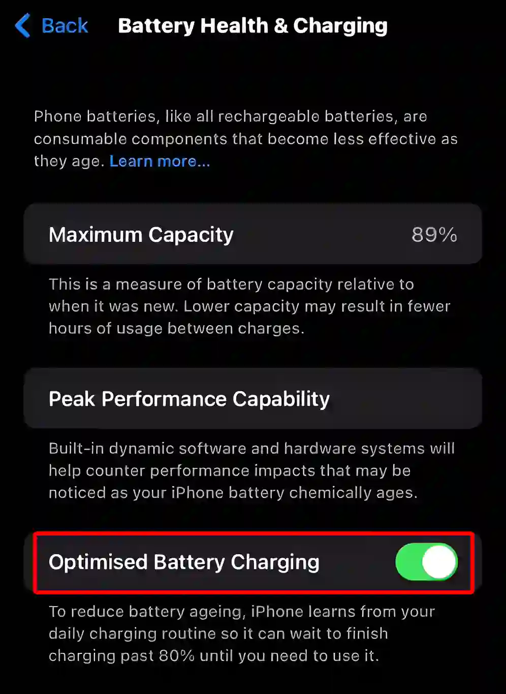 enable iphone optimized battery charging