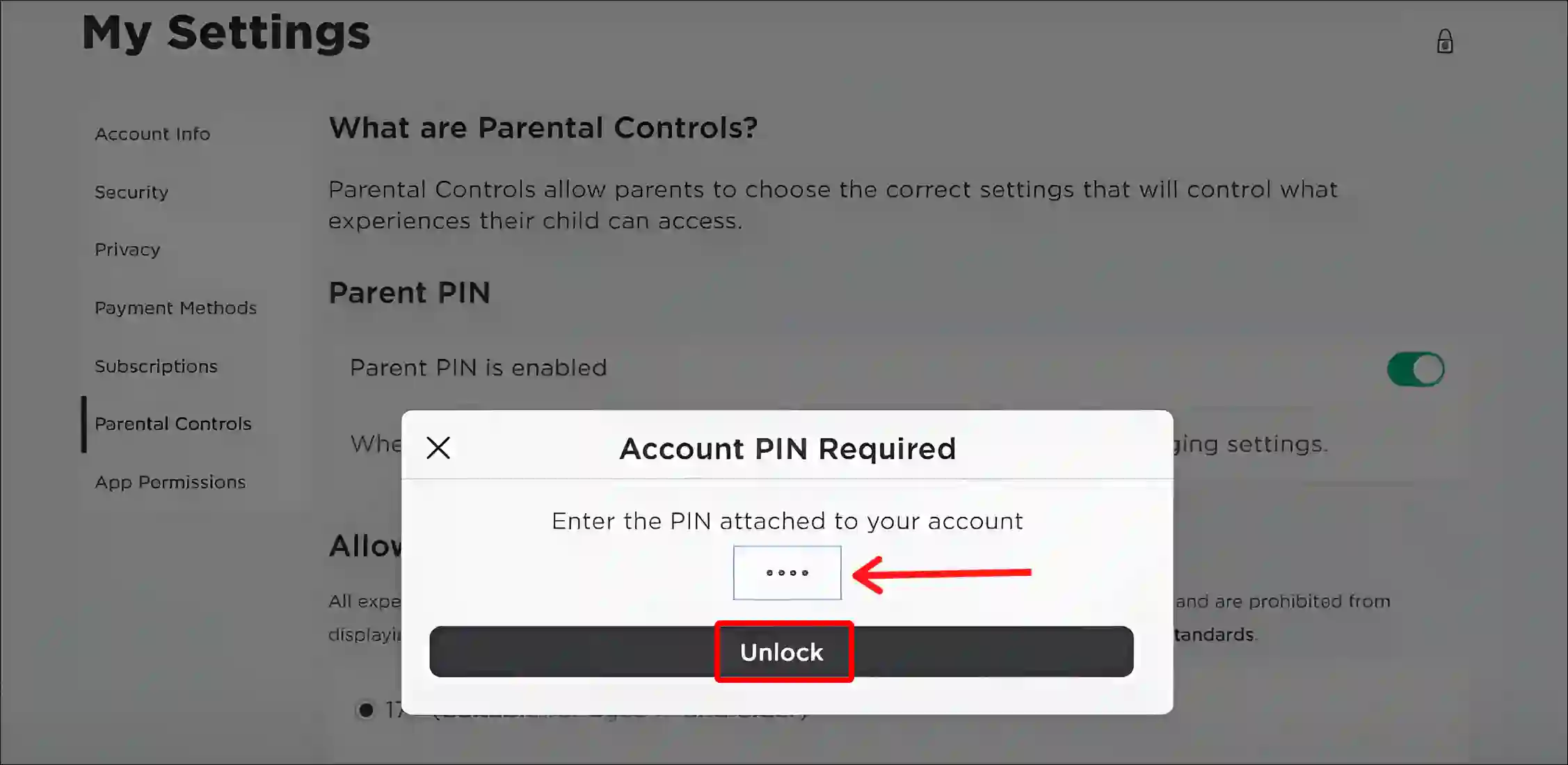 Disable Parent PIN on Roblox to remove Parental controls