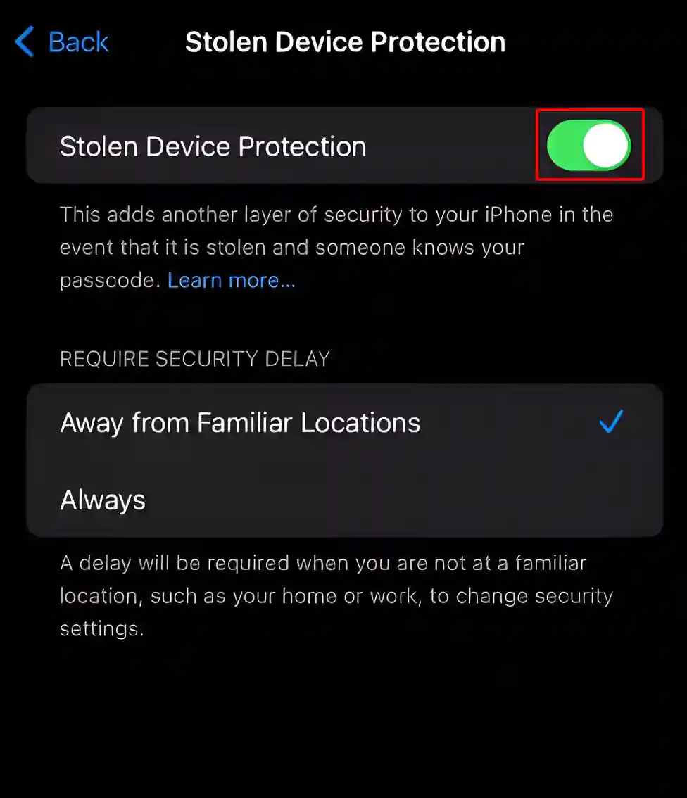 Enable Stolen device protection on iPhone