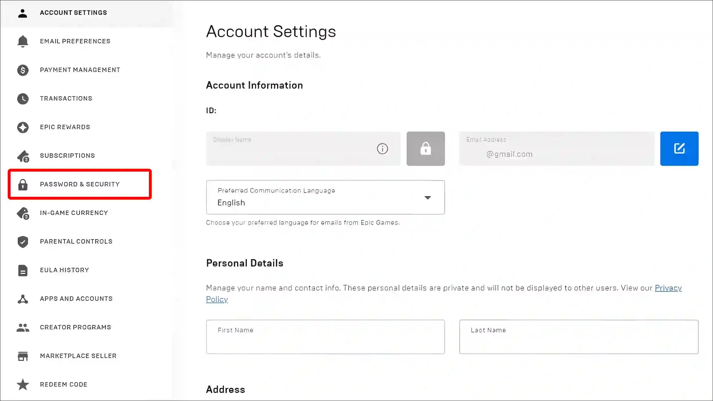 epic games account password and security