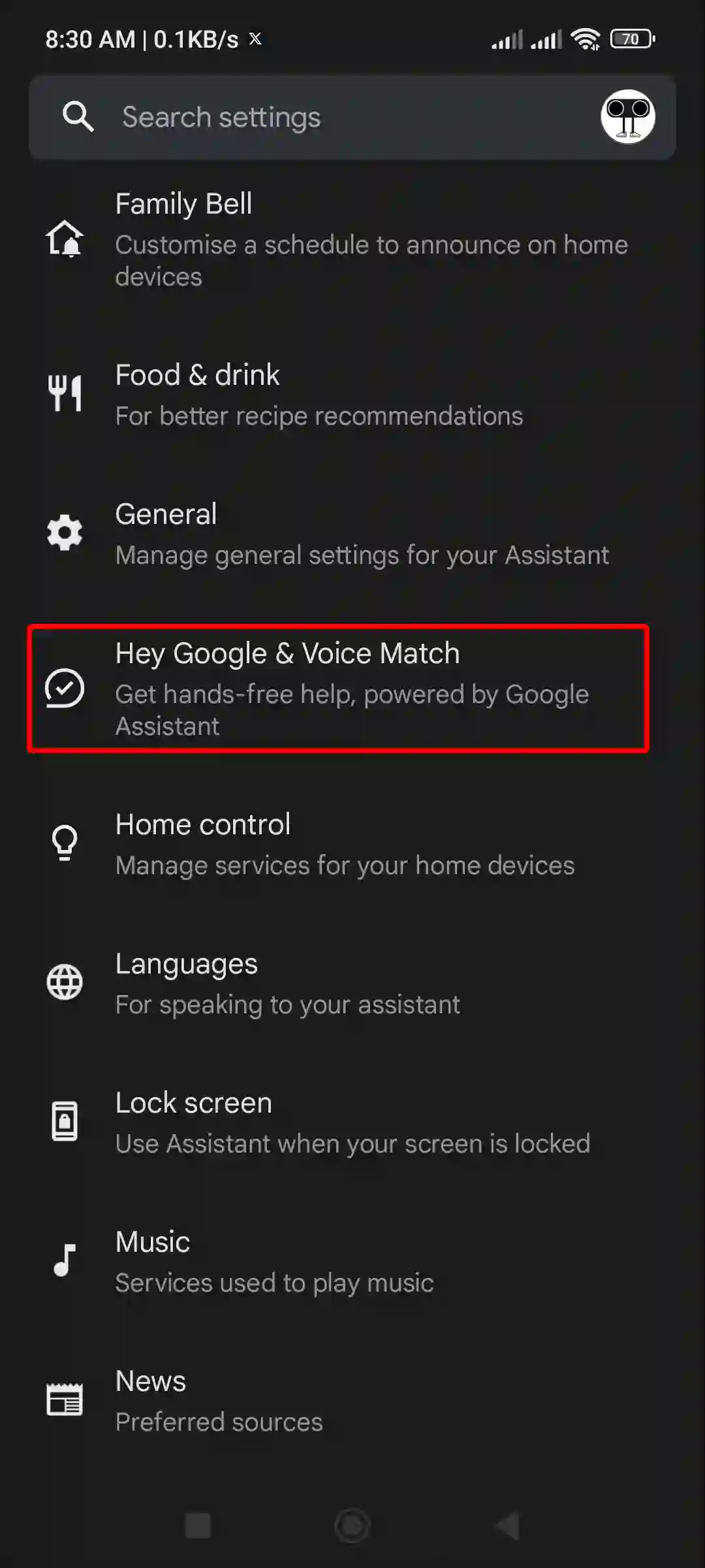 google app hey google and voice match settings