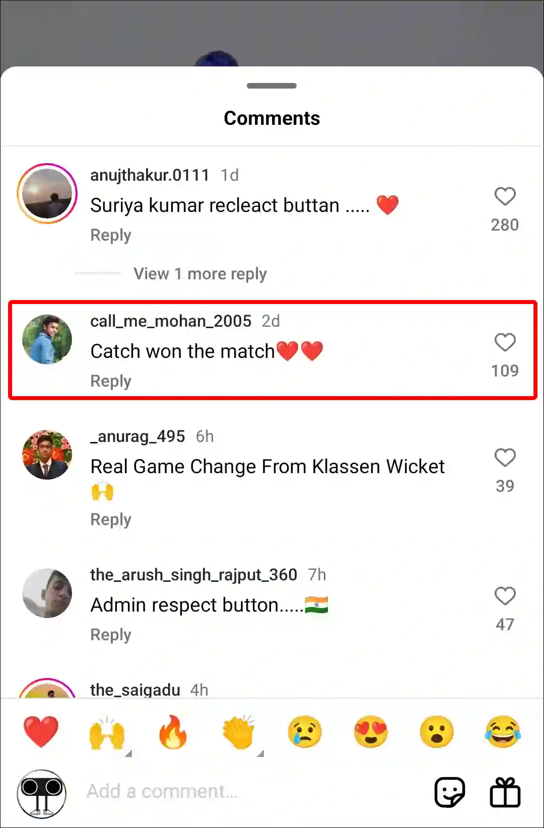 Instagram reel comment