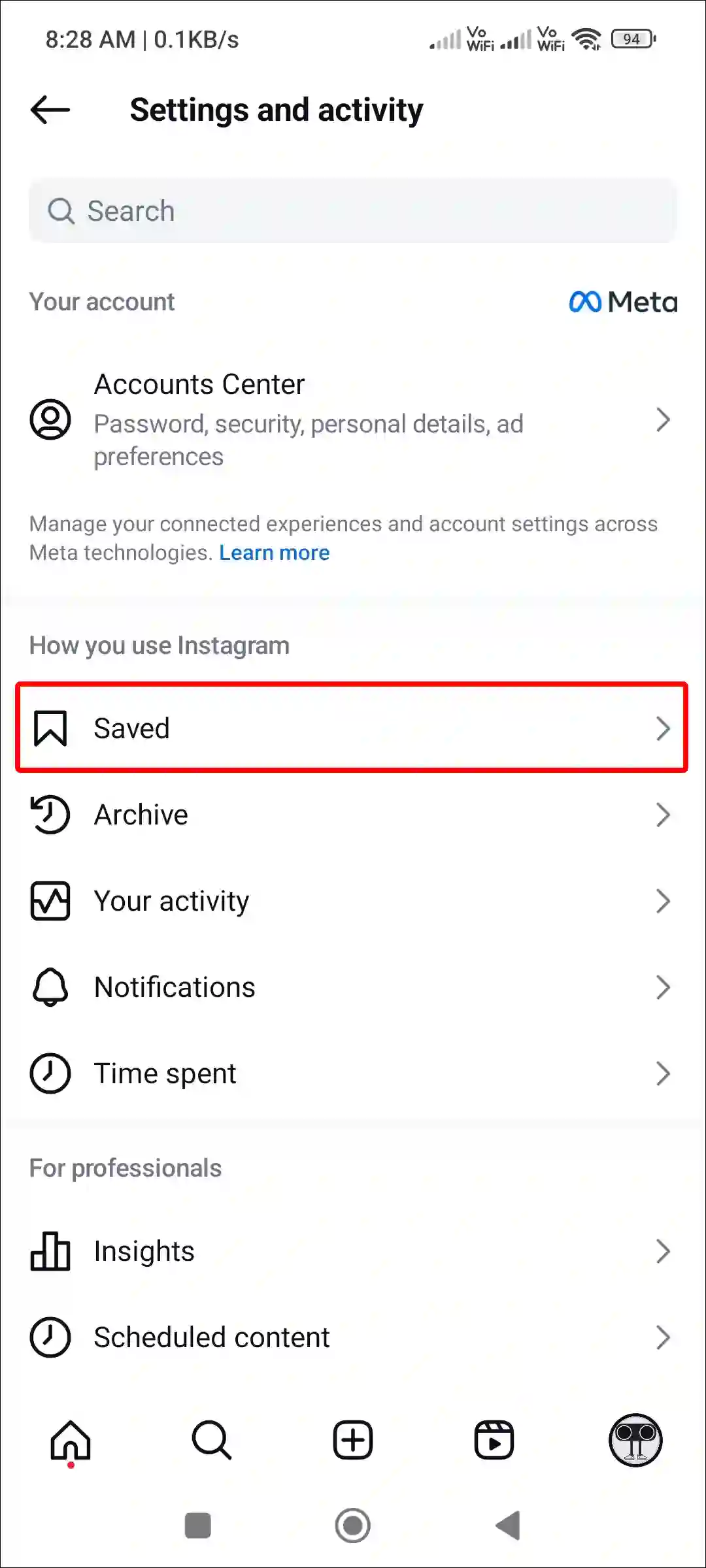 Instagram saved settings