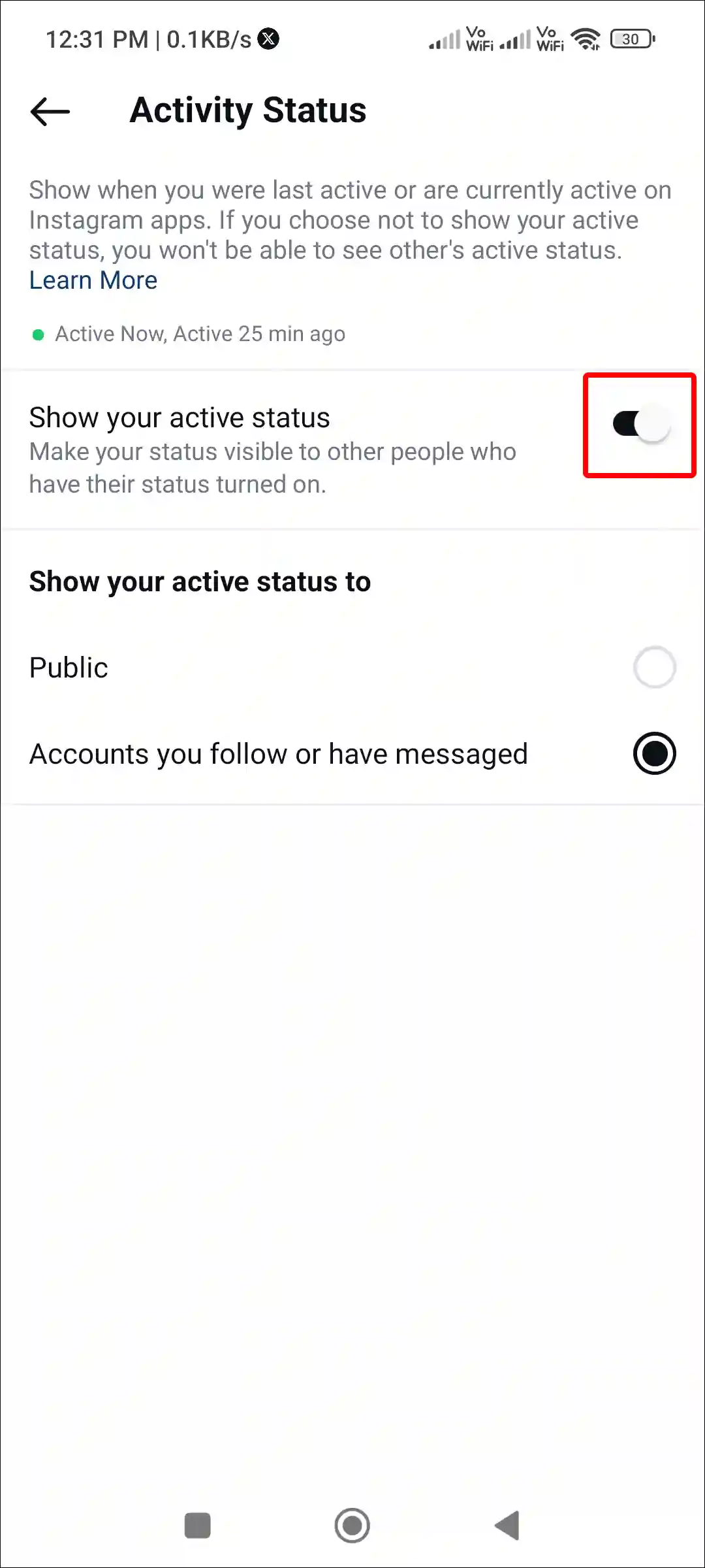 instagram show your active status