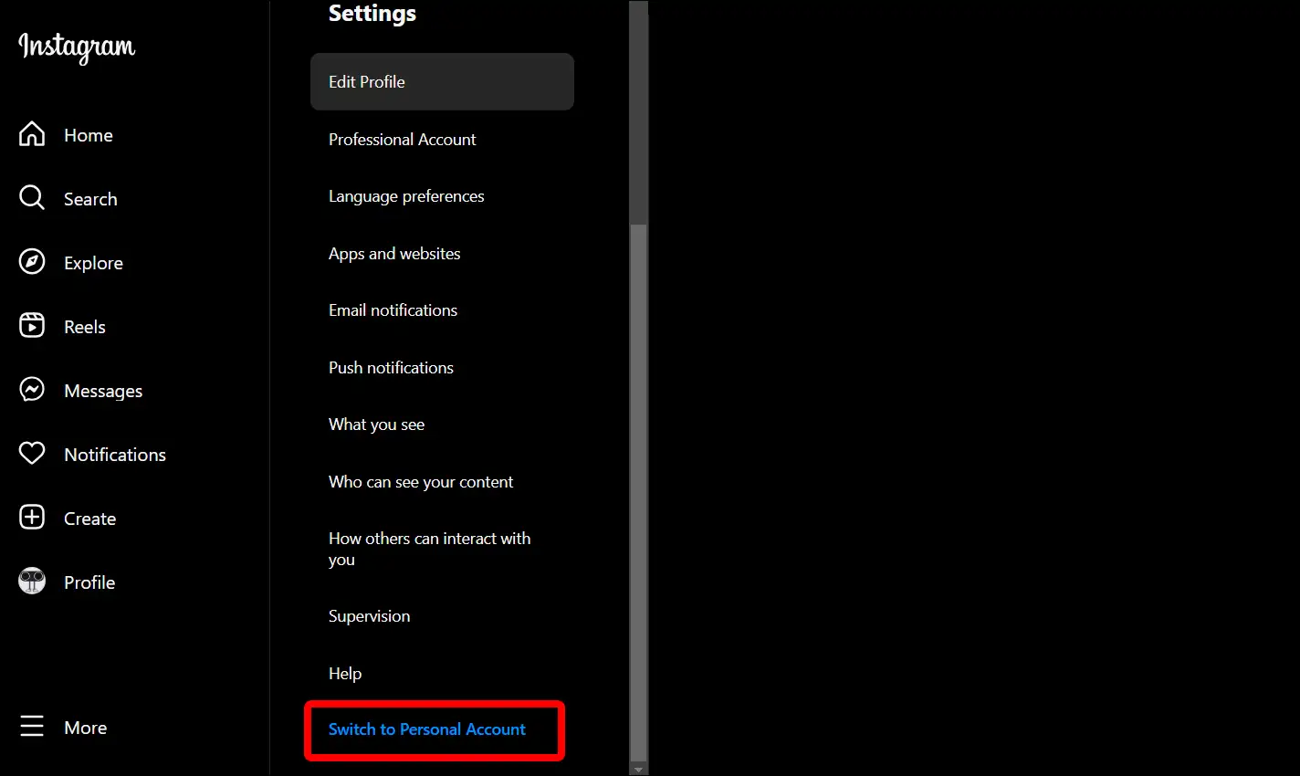 instagram web switch to personal account