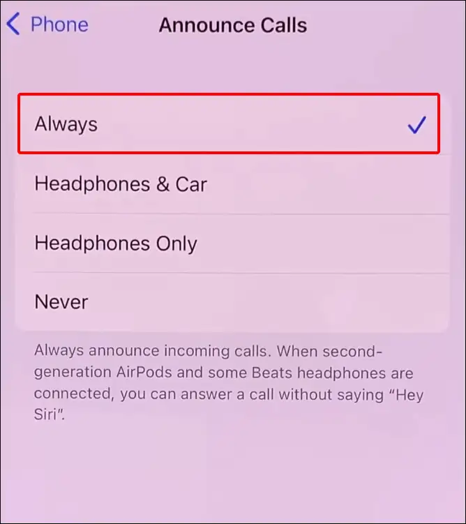 iphone announce calls always settings 