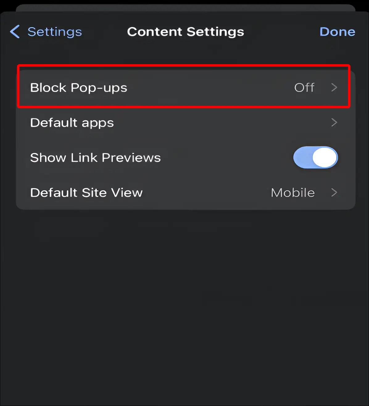 iPhone chrome block pop-ups