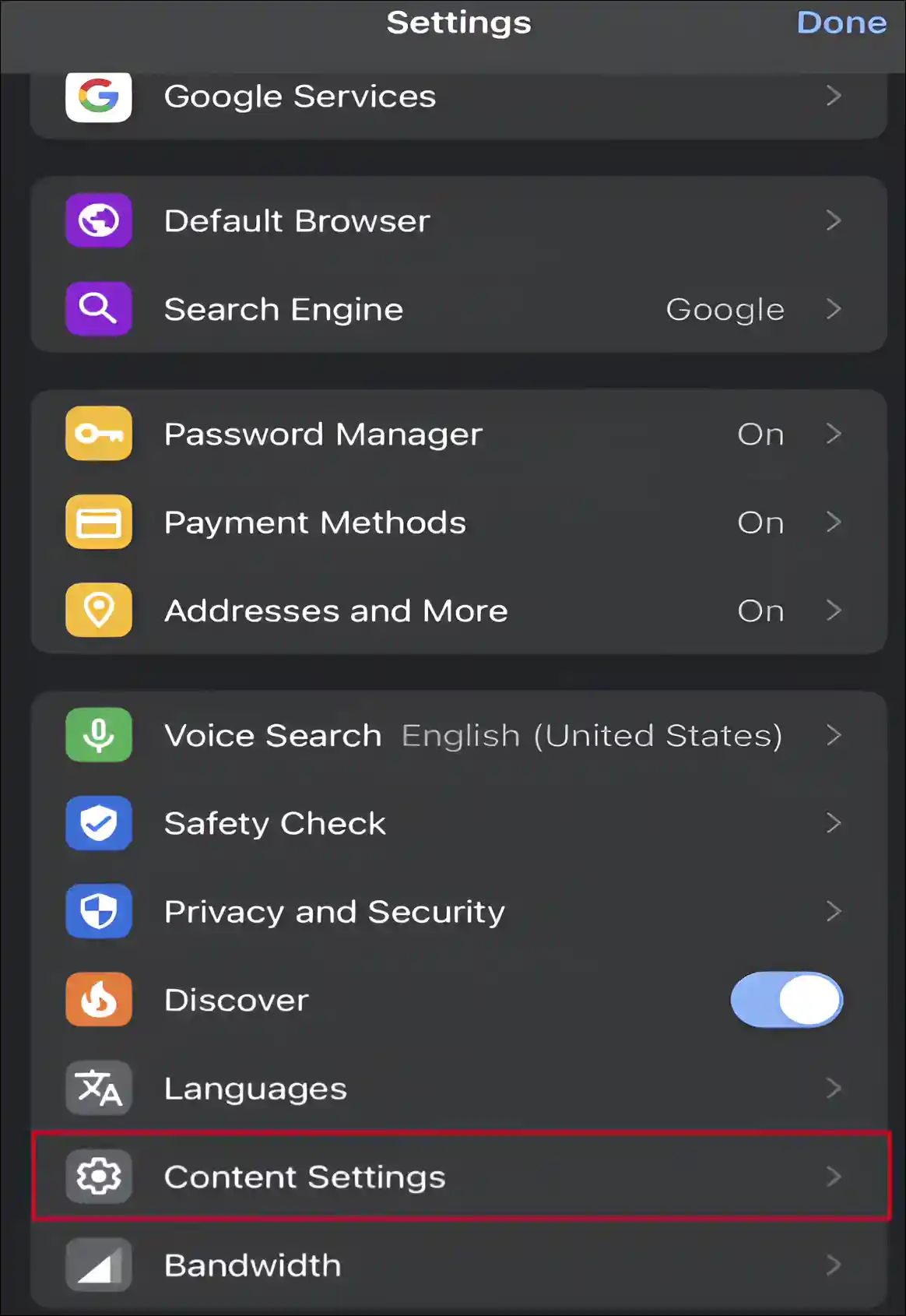 iPhone chrome content settings