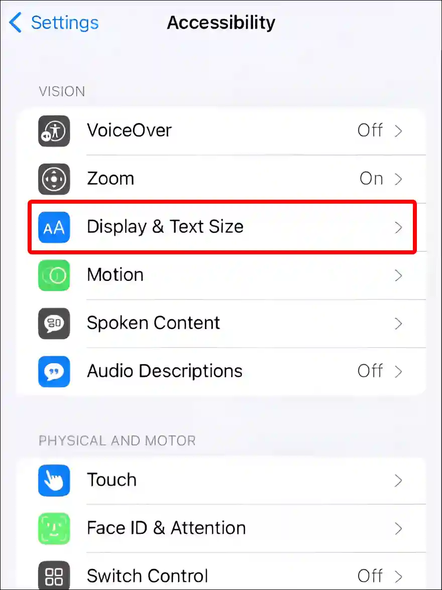 iPhone display and text size settings