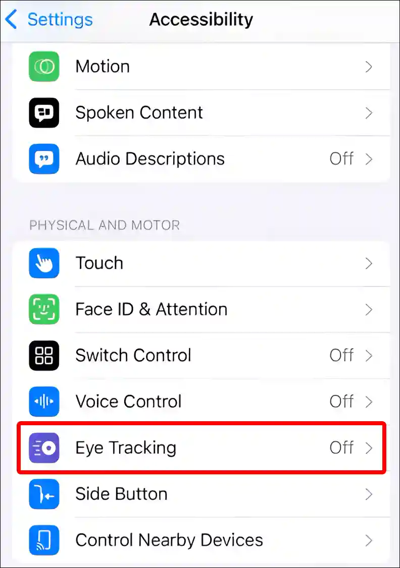 iPhone eye tracking settings