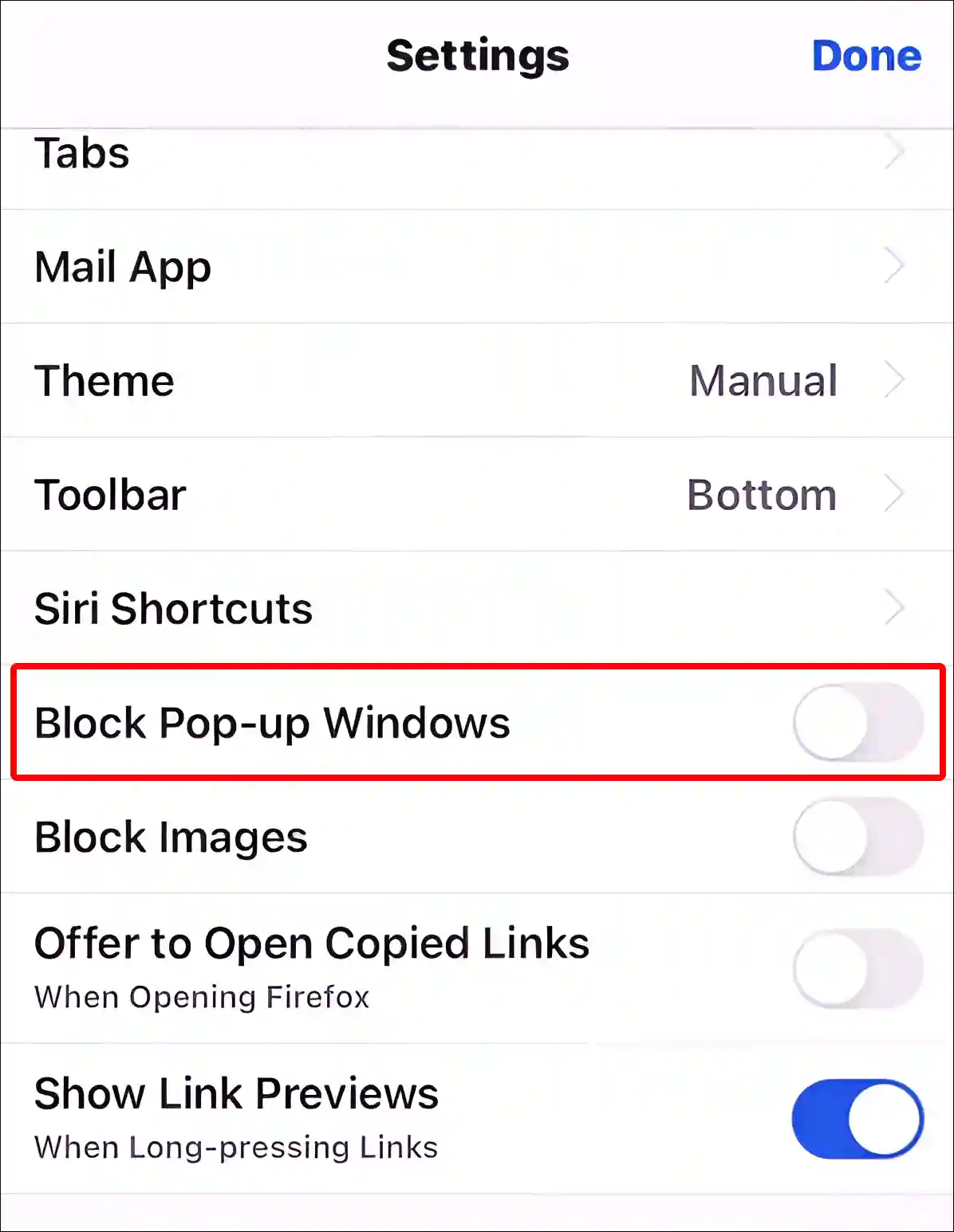 iPhone firefox disable block pop-up windows