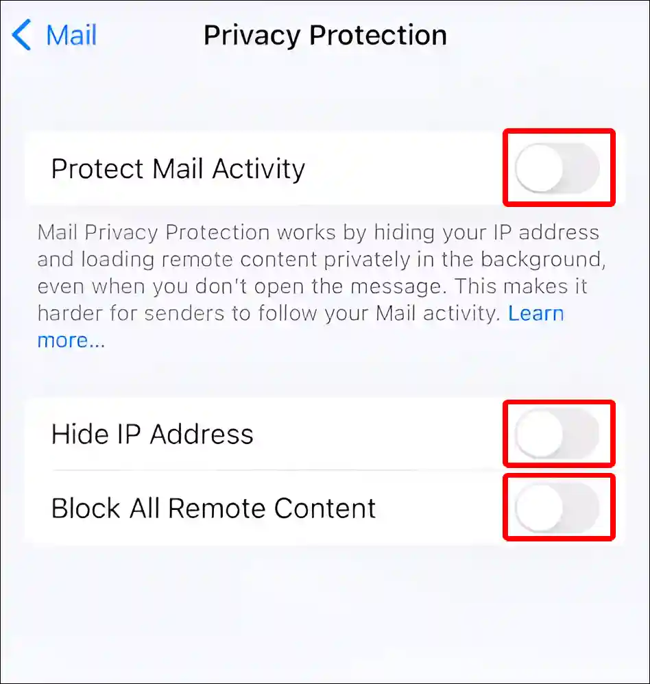 iPhone mail app privacy protection turn off