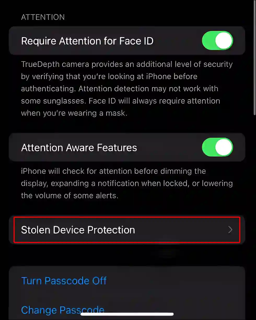 iphone stolen device protection settings