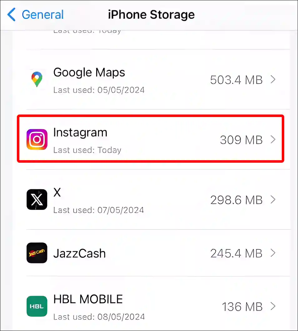 iPhone storage Instagram settings