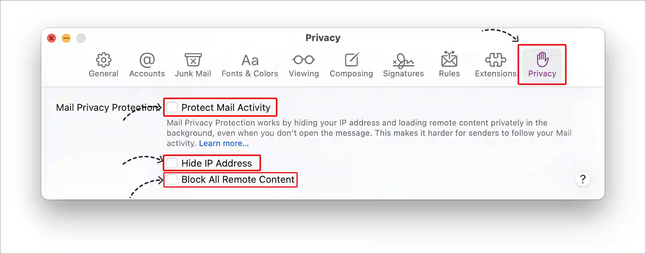 MacBook mail app privacy protection turn off