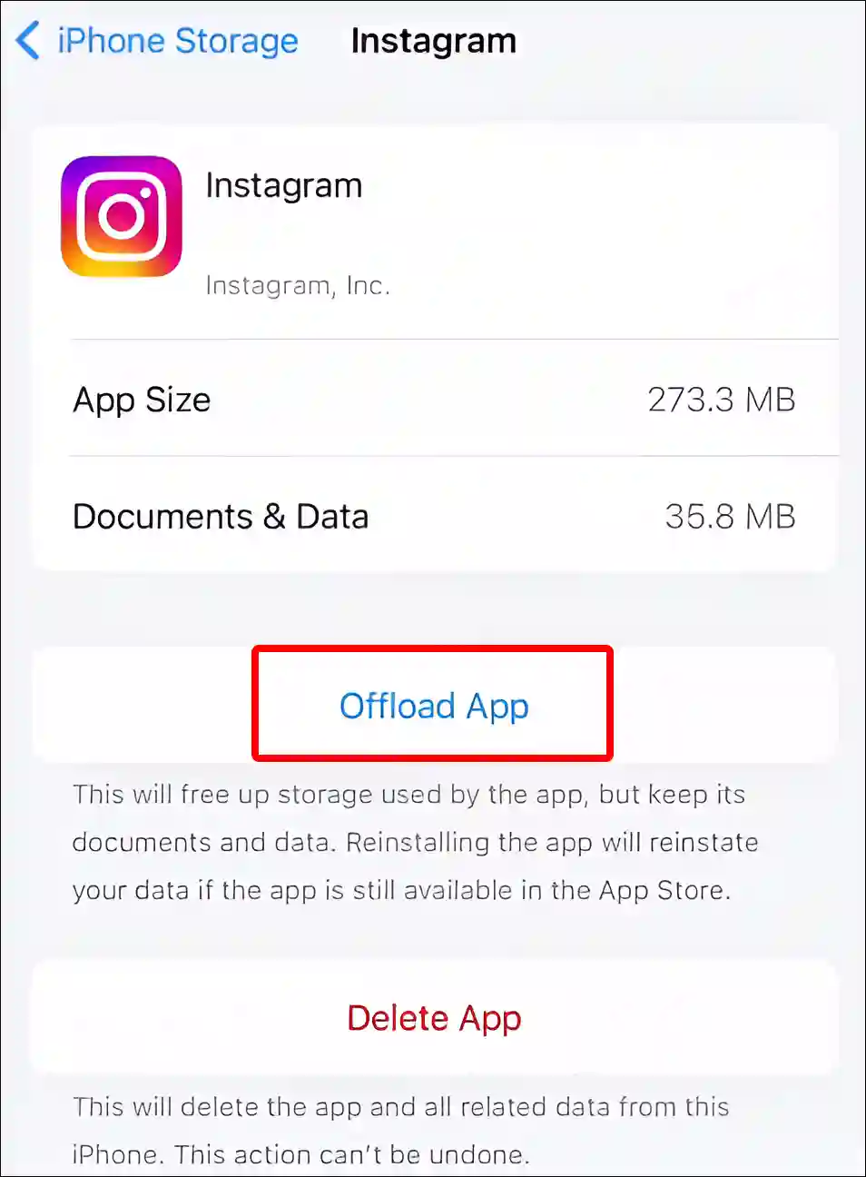 Offload Instagram app iPhone