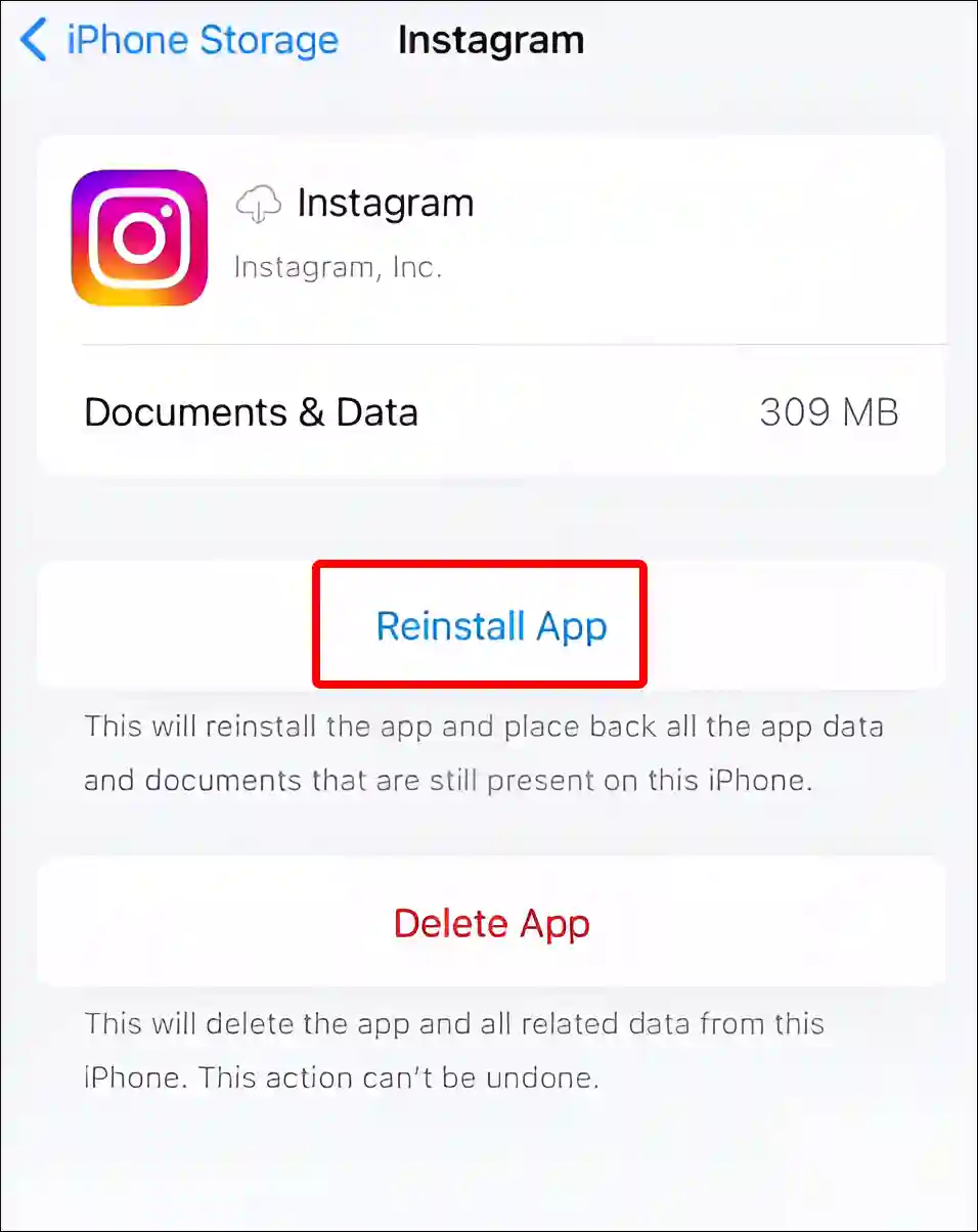 Reinstall Instagram app iPhone settings