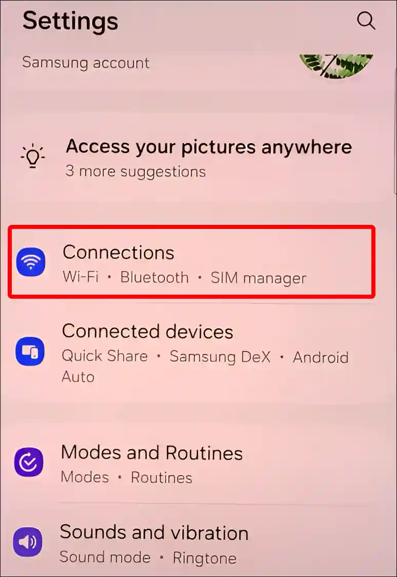 samsung connections settings