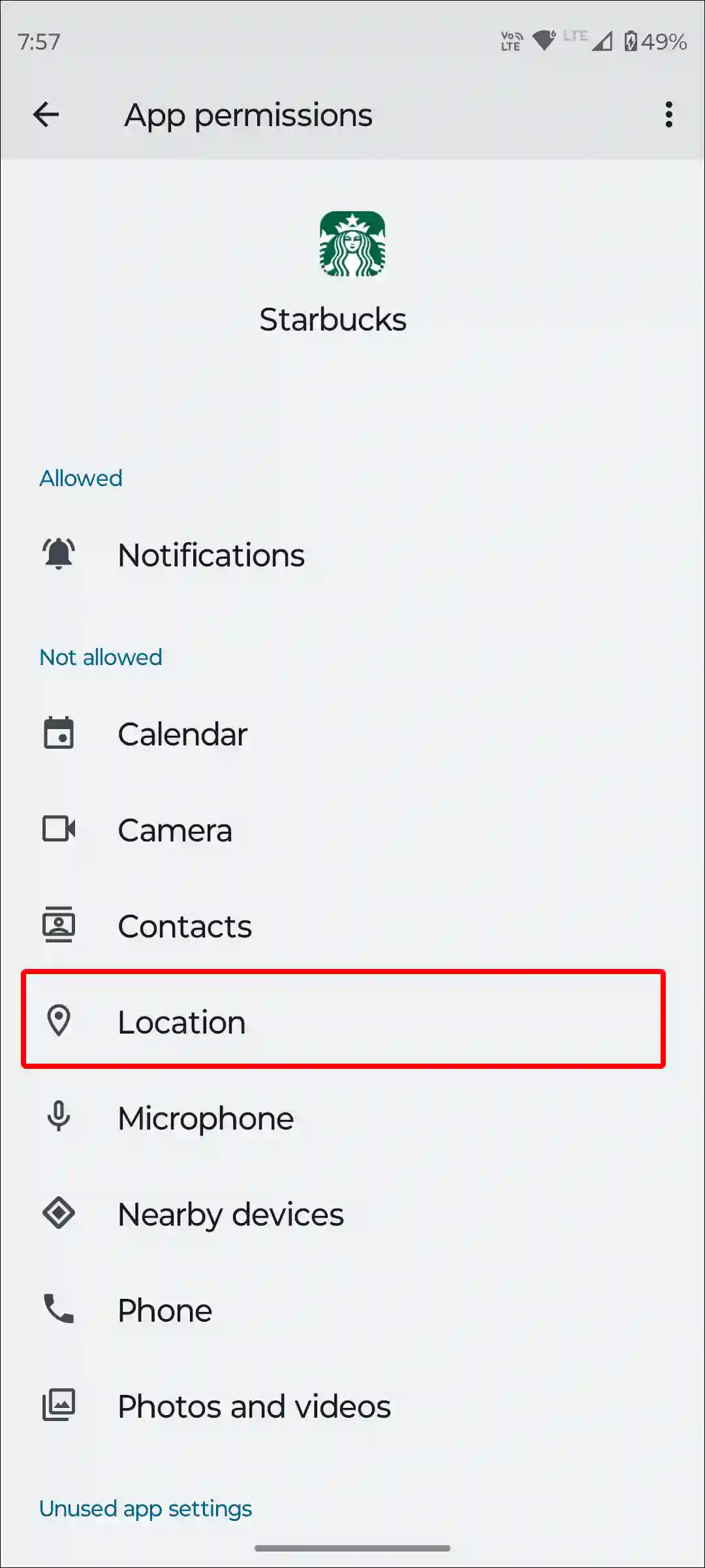 starbucks app location permissions android