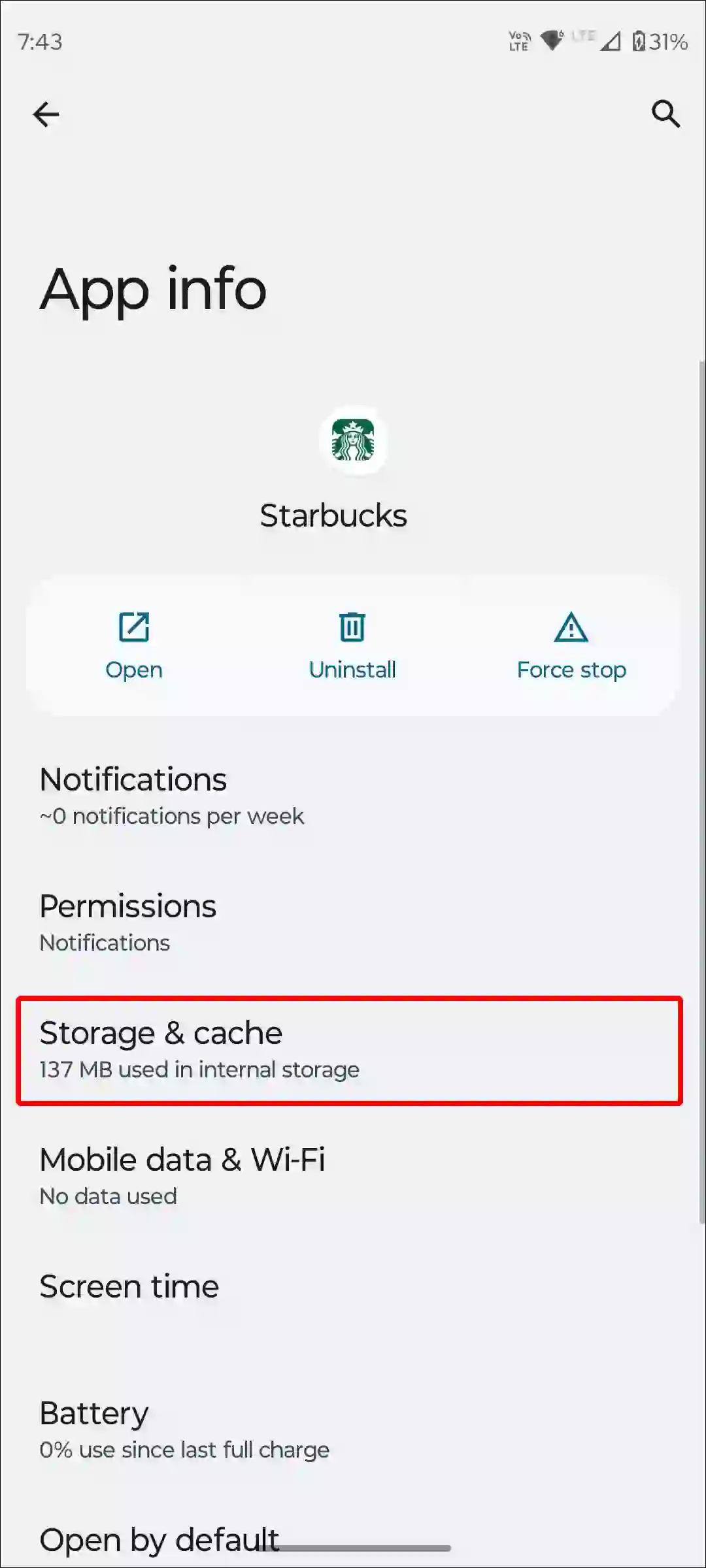 starbucks app storage and cache android