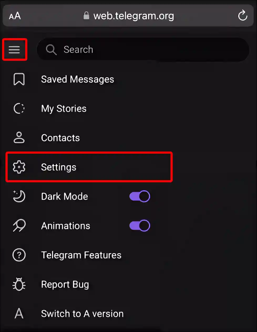 telegram web settings mobile