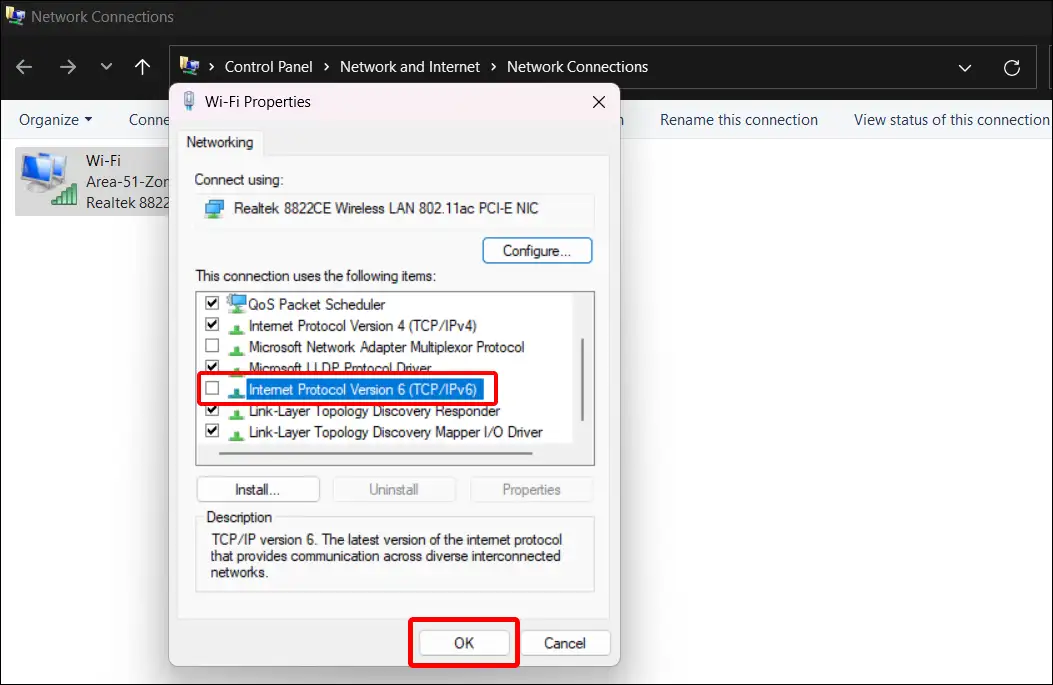 turn off Internet Protocol Version 6 (TCP/IPv6) windows 11