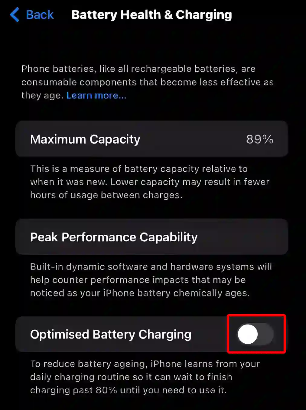 turn off iphone optimized battery charging