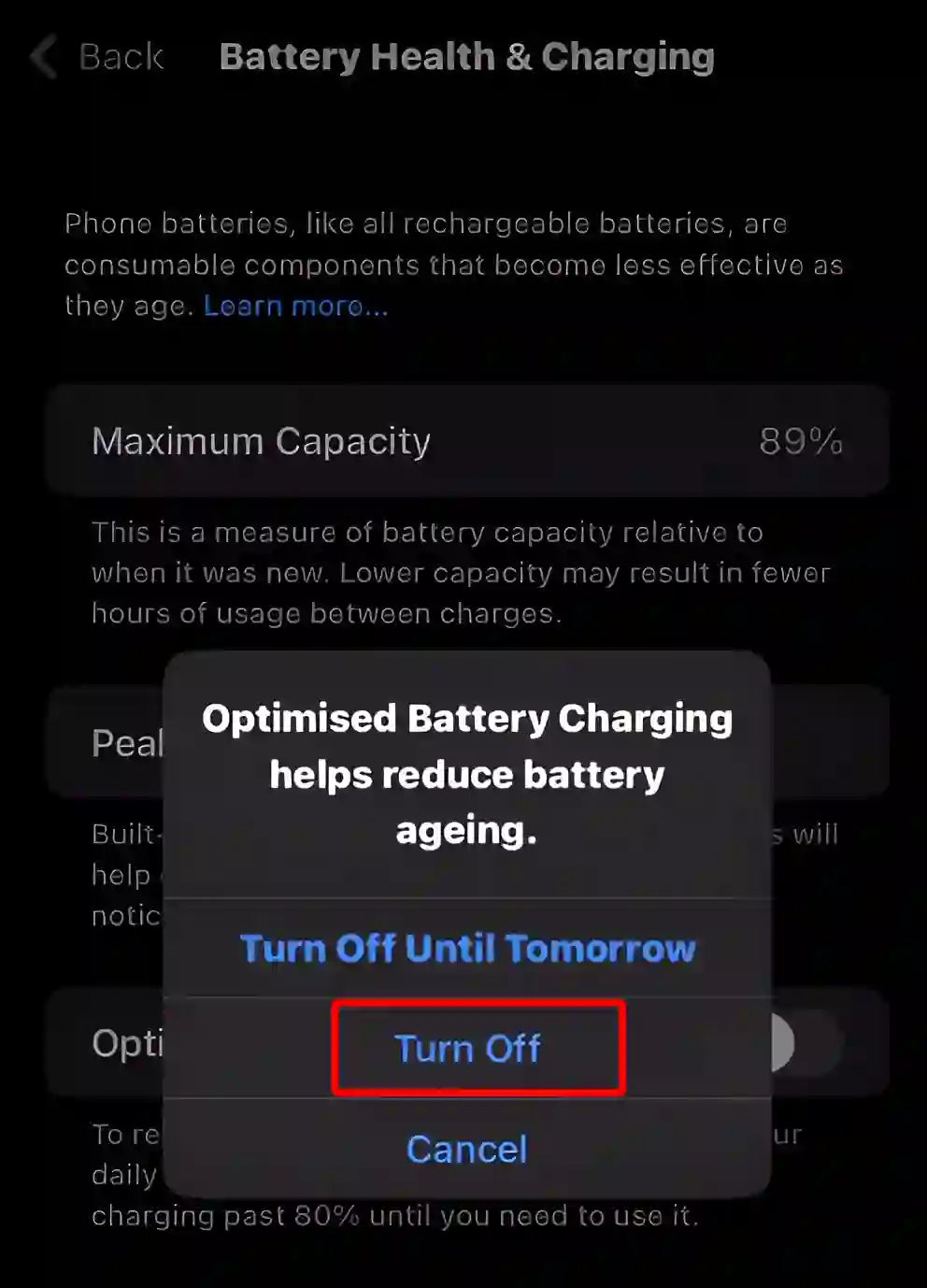 turn off optimized battery charging on iphone