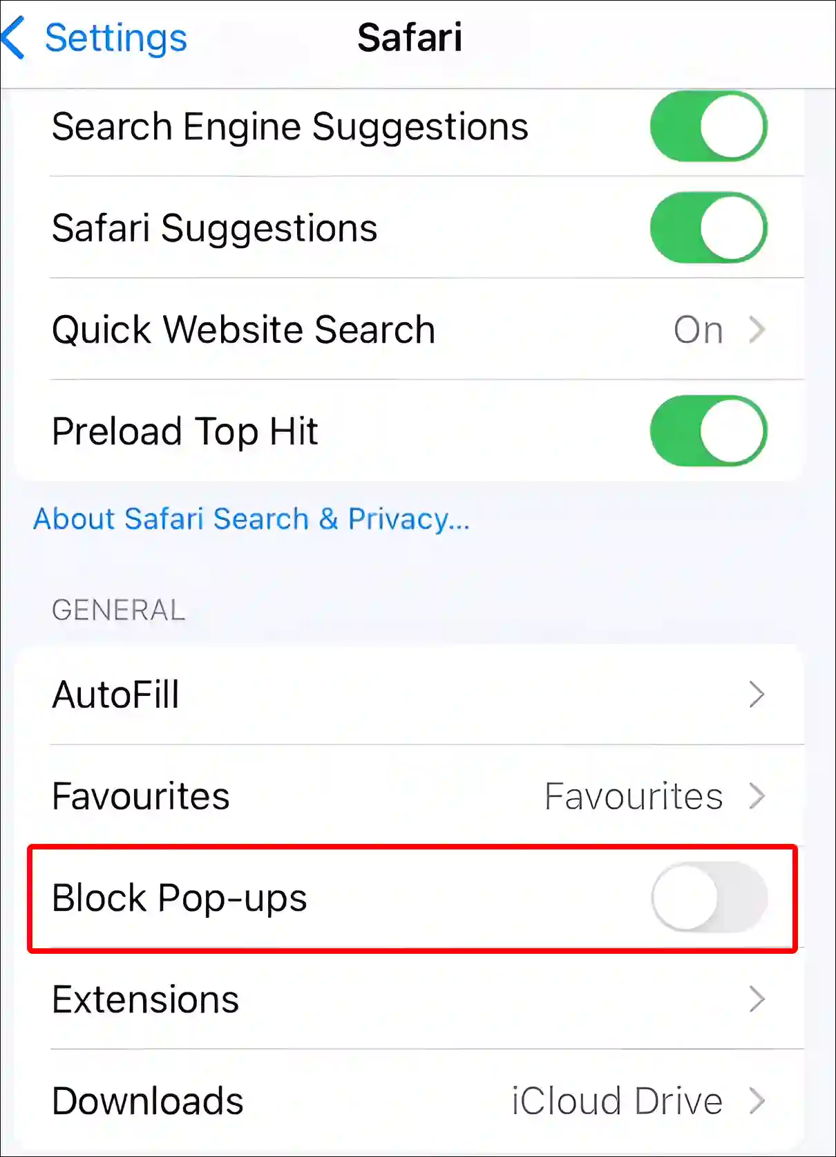 turn off pop-up blocker on safari iPhone