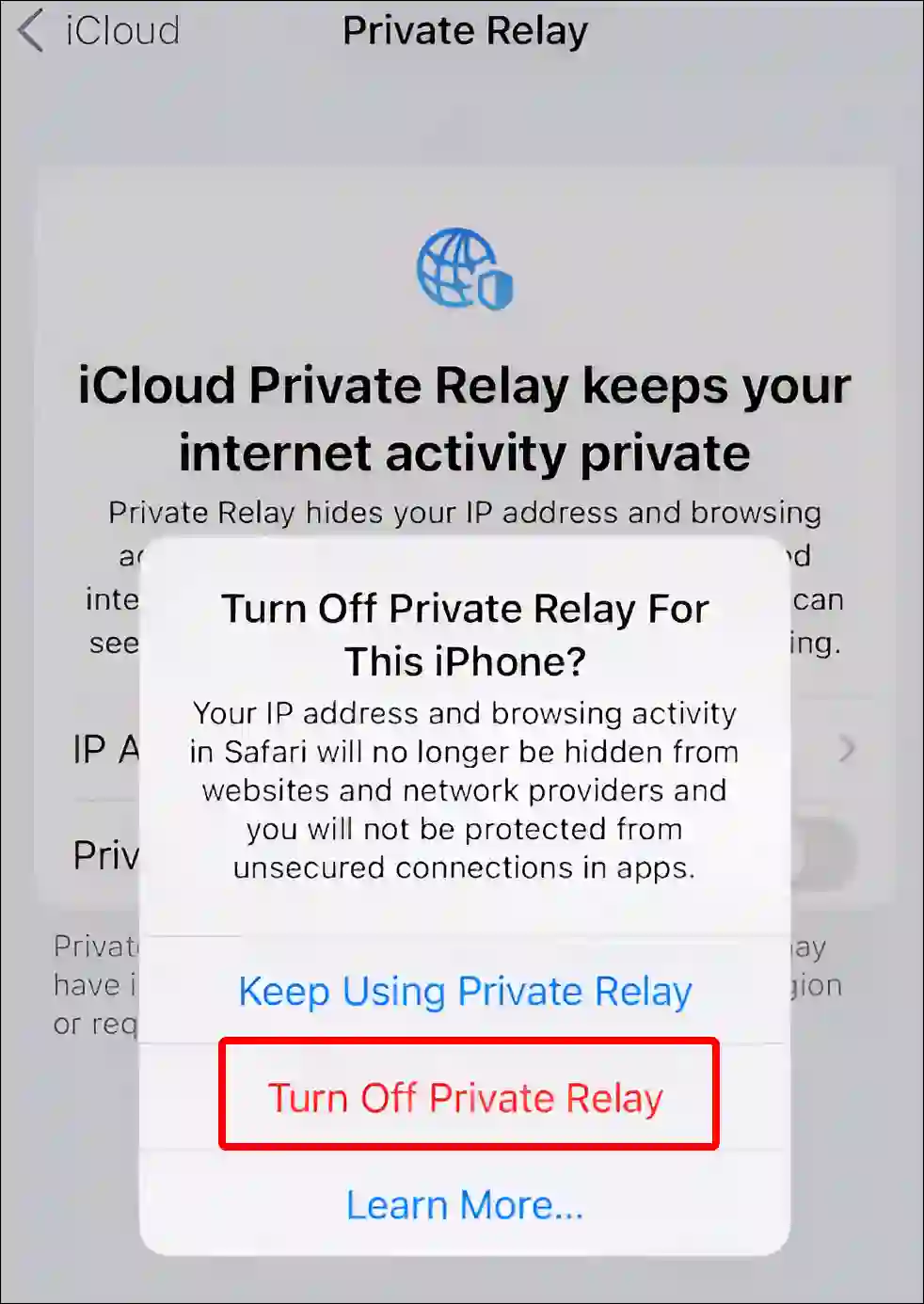 turn off private relay iphone