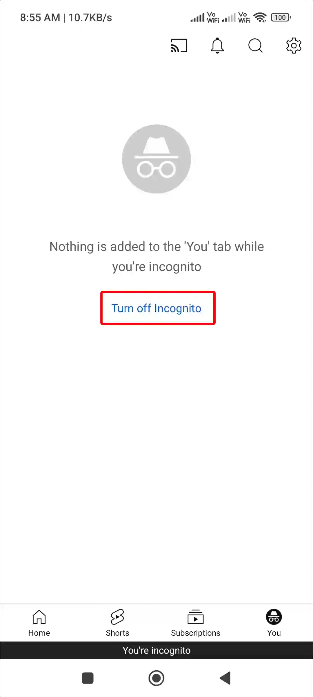 turn off youtube app incognito mode