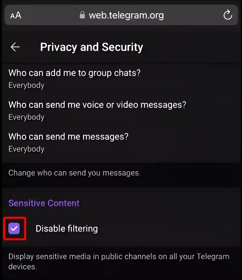 turn on sensitive content on telegram android iphone