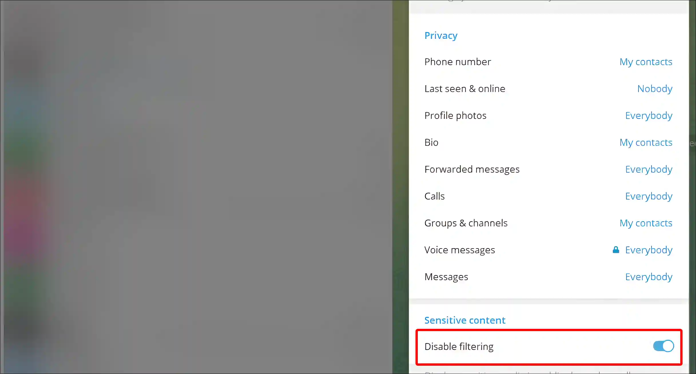 turn on sensitive content on telegram desktop