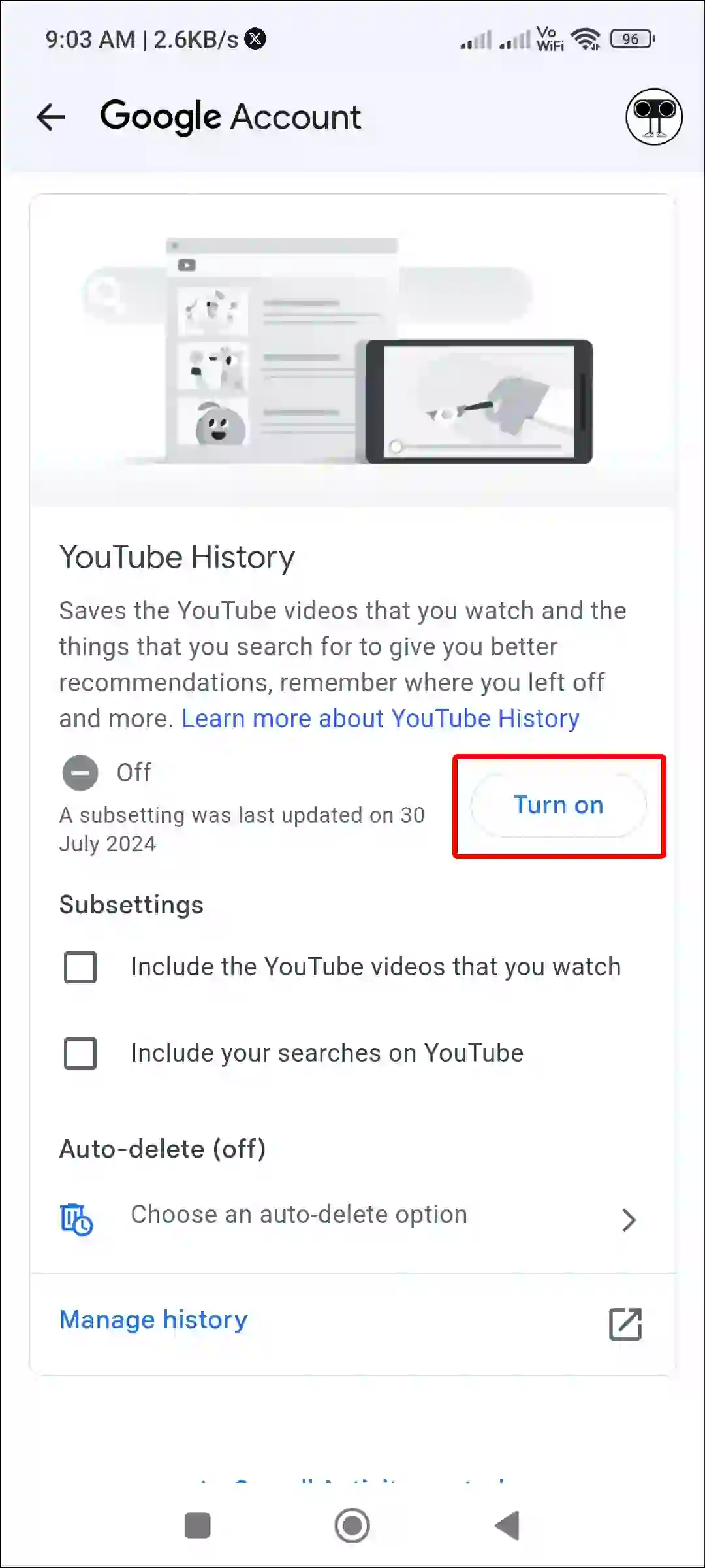 turn on youtube search history android