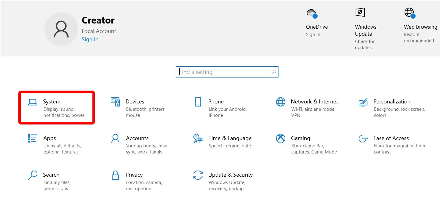 windows 10 system settings