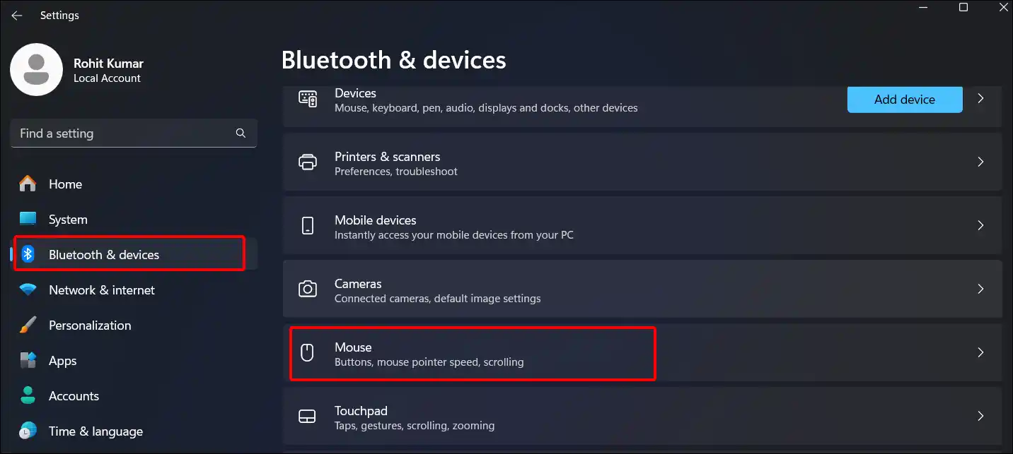 windows 11 bluetooth and devices mouse